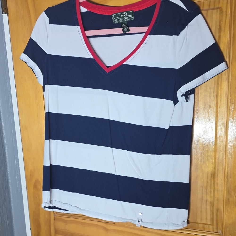 Box D Ralph Lauren Black and White Striped V-Neck Tee